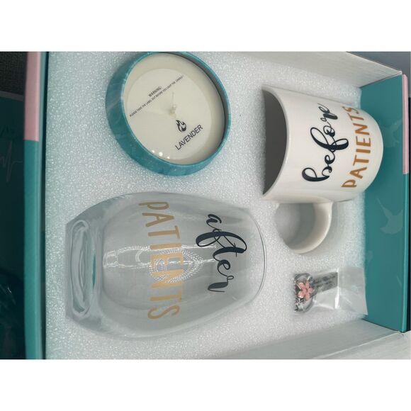 Before Patients After Patients Gift Package Set Mug, Wine Glass, Candle, Key Cha - Picture 5 of 8